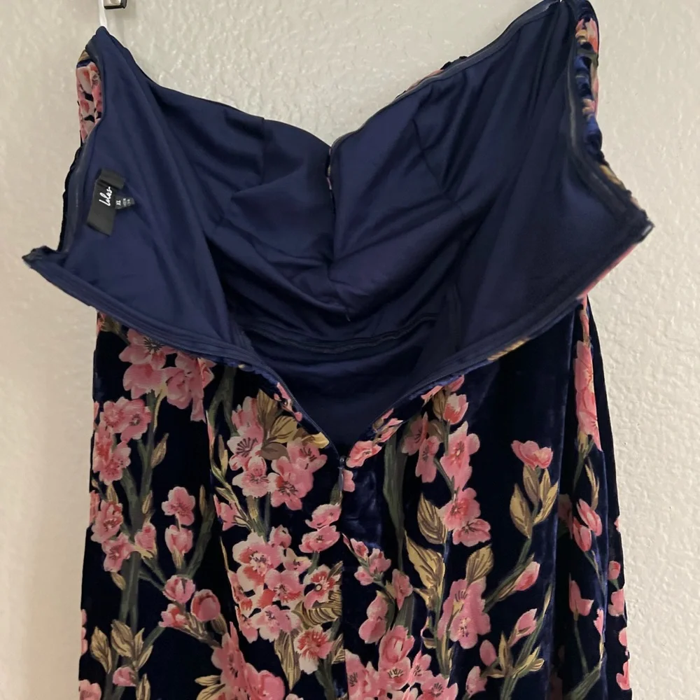 Navy Blue Floral Print Velvet Strapless Maxi Dress NWOT XL_6
